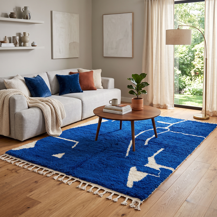 blue moroccan wool rug with minimal berber abstract line pattern handmade
