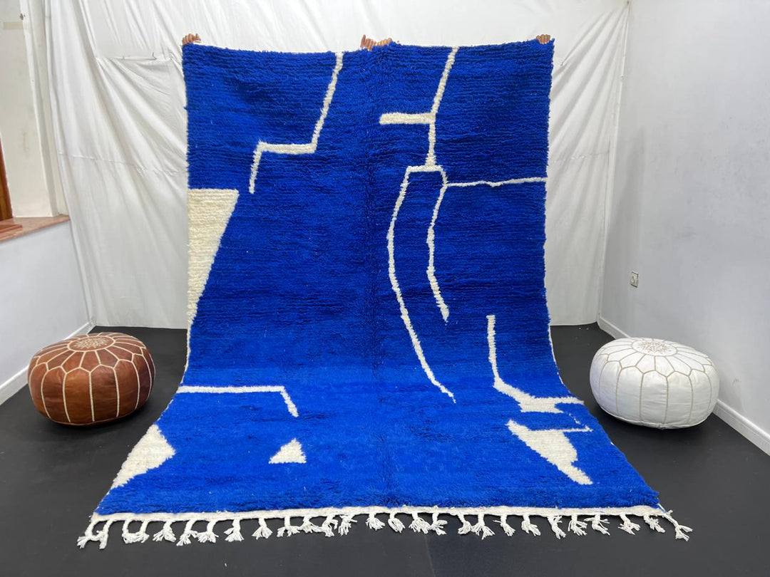 blue moroccan wool rug with minimal berber abstract line pattern handmade