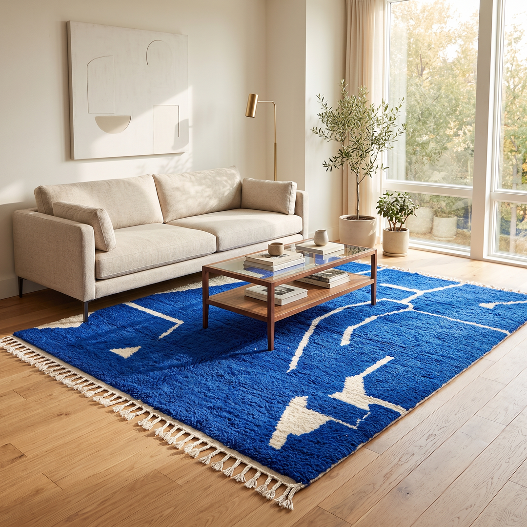 blue moroccan wool rug with minimal berber abstract line pattern handmade