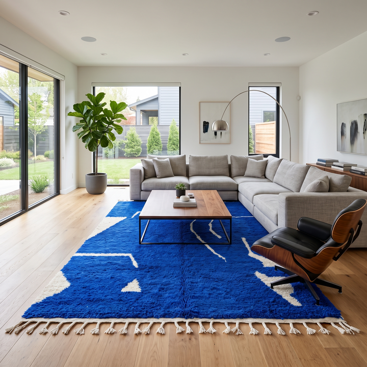 blue moroccan wool rug with minimal berber abstract line pattern handmade