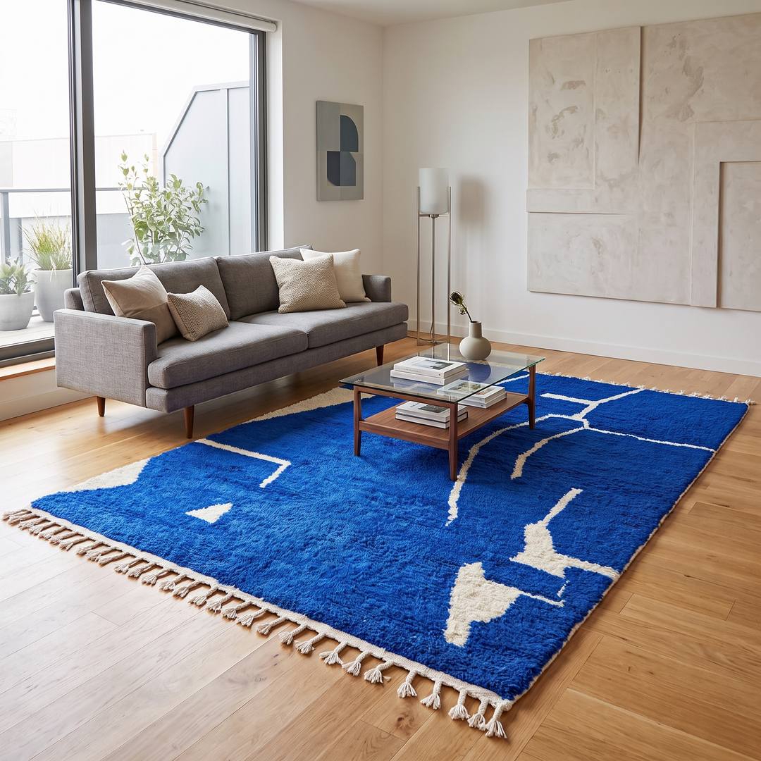 Tapis abstrait bleu marocain en laine – Art berbère fait main