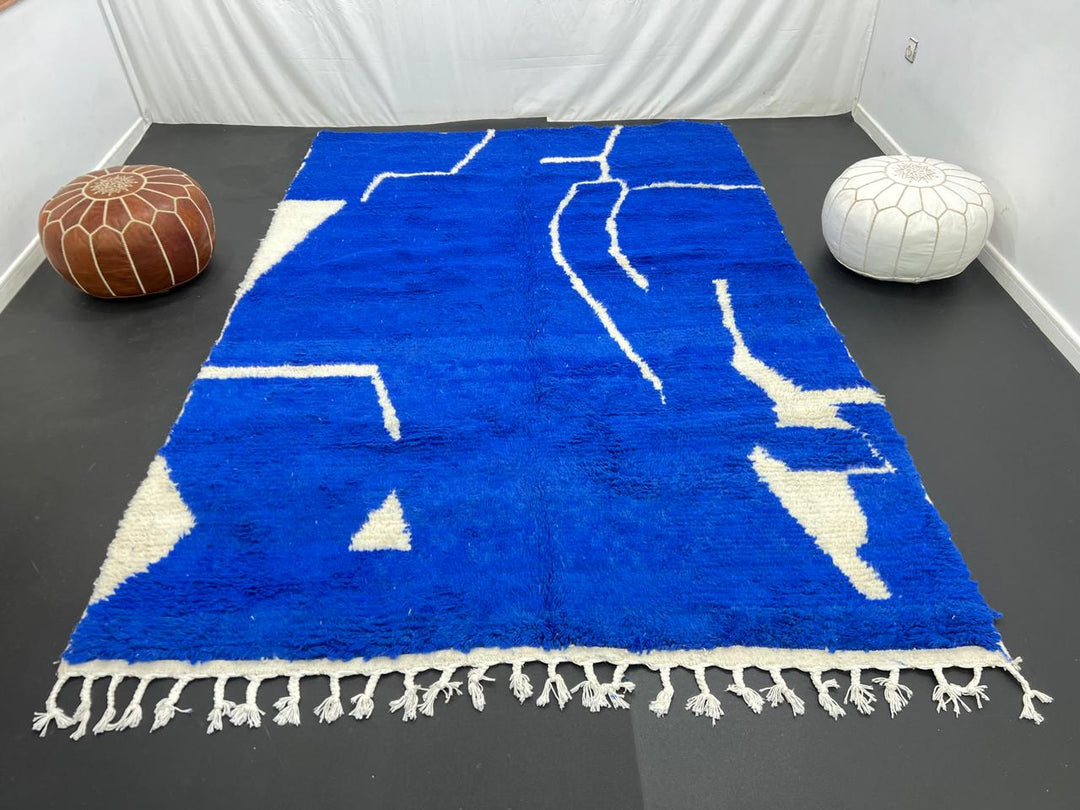 blue moroccan wool rug with minimal berber abstract line pattern handmade