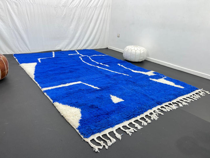 blue moroccan wool rug with minimal berber abstract line pattern handmade