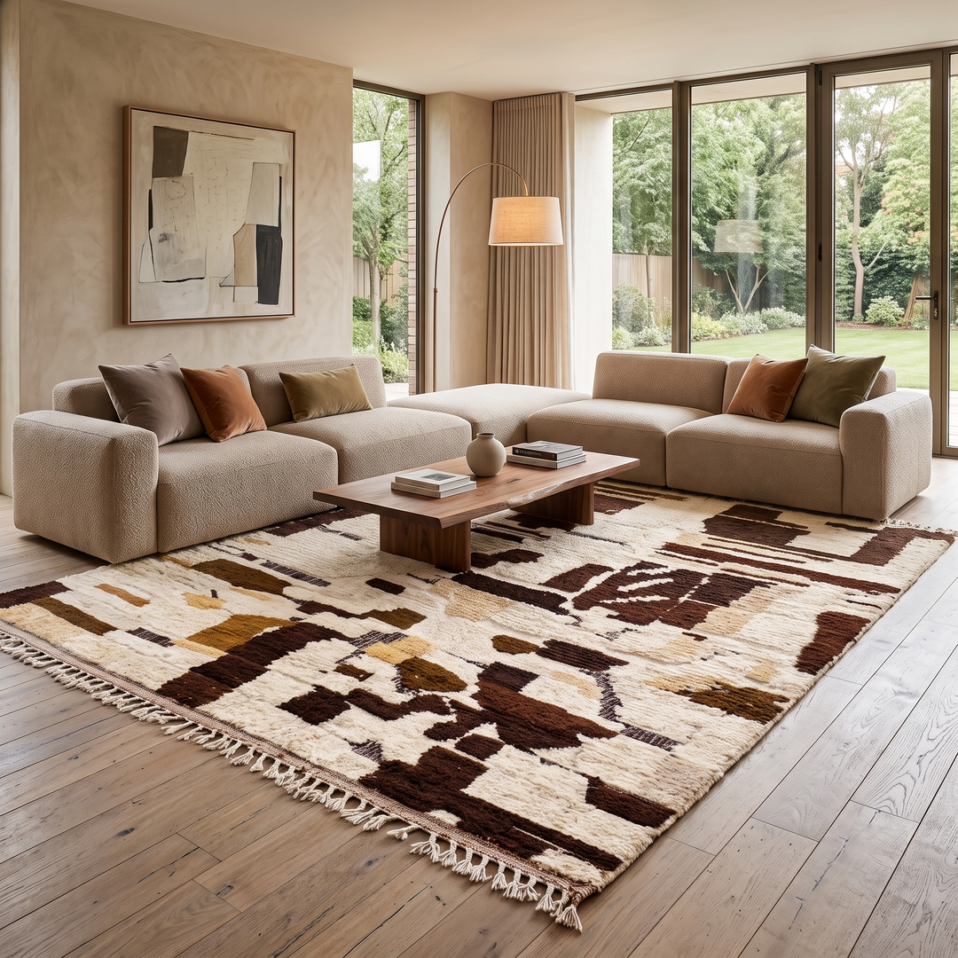 Abstract brown Moroccan Azilal wool rug with earth-tone geometric pattern
