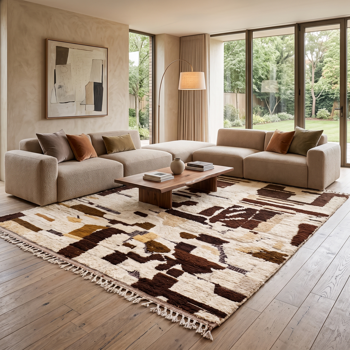 Abstract brown Moroccan Azilal wool rug with earth-tone geometric pattern
