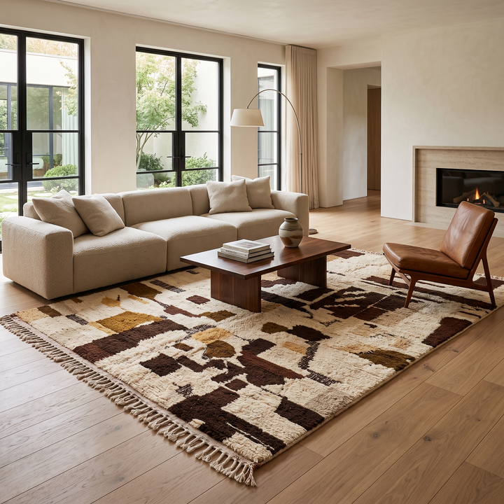 Abstract brown Moroccan Azilal wool rug with earth-tone geometric pattern
