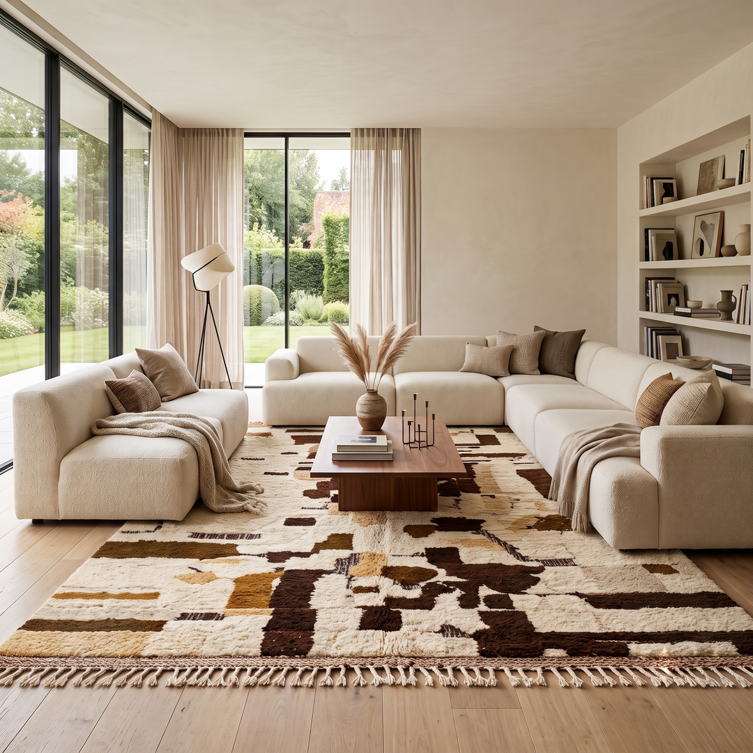 Abstract brown Moroccan Azilal wool rug with earth-tone geometric pattern

