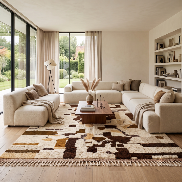 Abstract brown Moroccan Azilal wool rug with earth-tone geometric pattern

