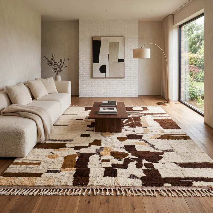 Abstract brown Moroccan Azilal wool rug with earth-tone geometric pattern
