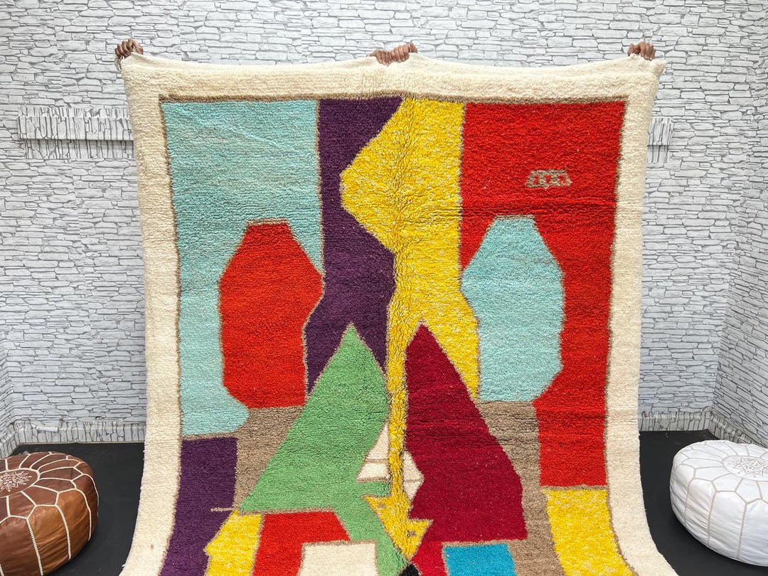 Colorful handmade Moroccan wool rug with abstract geometric design
