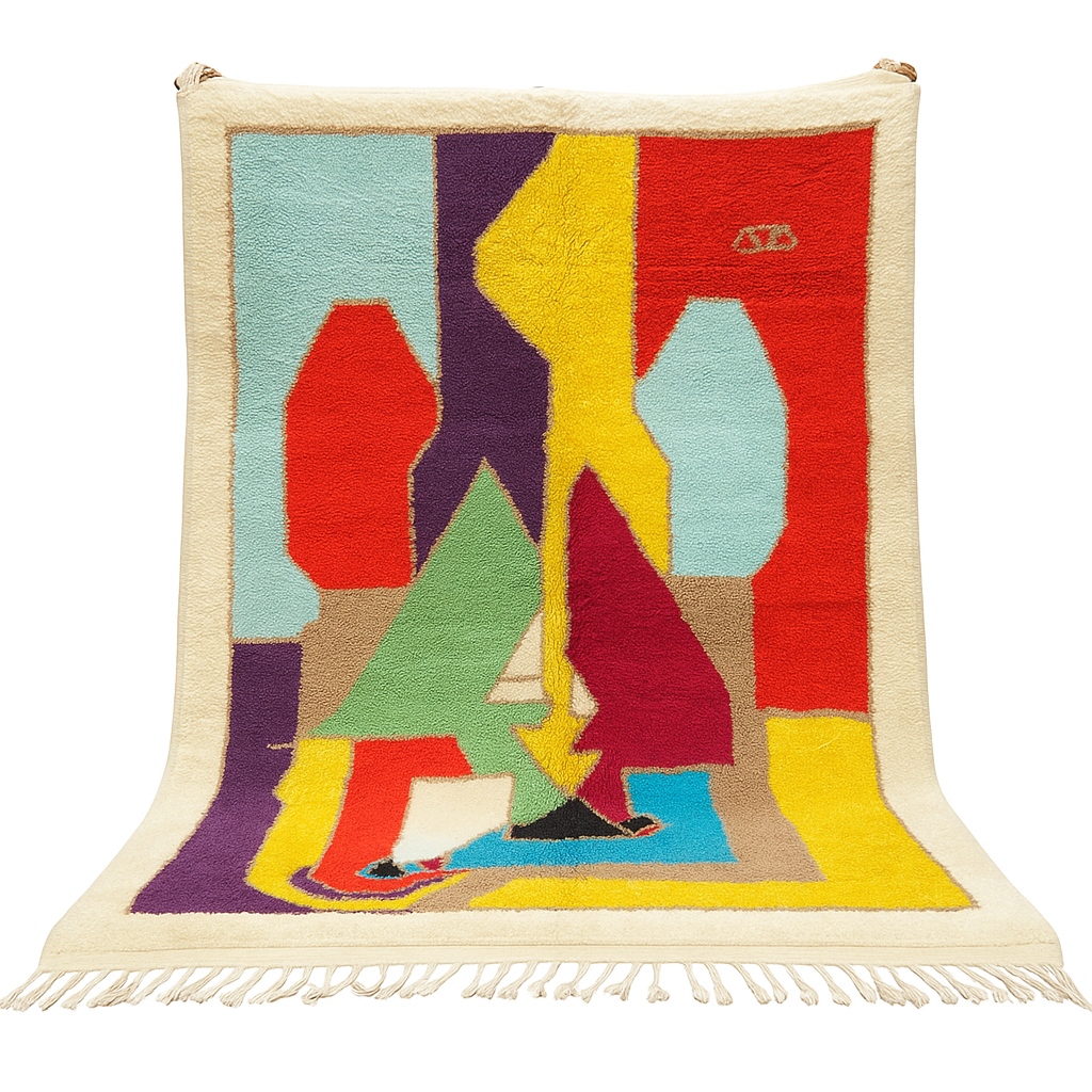 Colorful handmade Moroccan wool rug with abstract geometric design