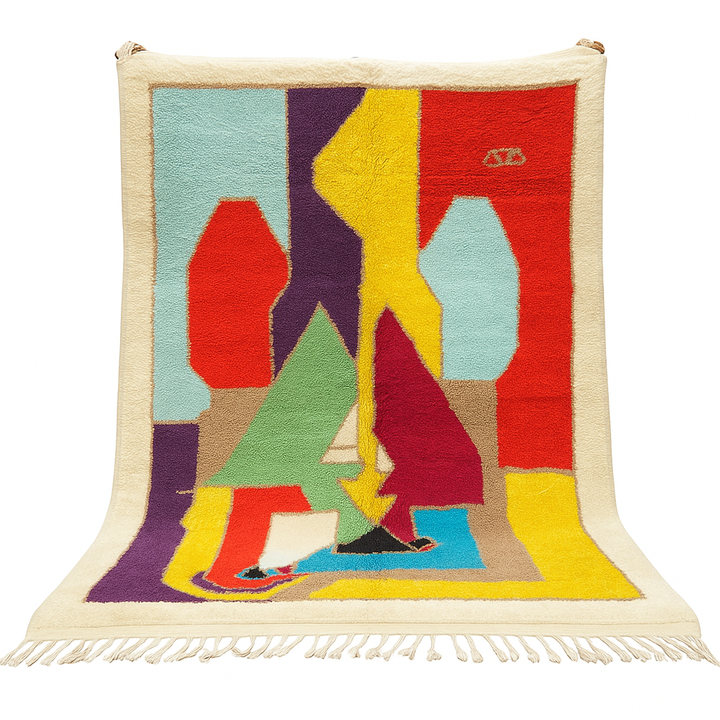 Colorful handmade Moroccan wool rug with abstract geometric design