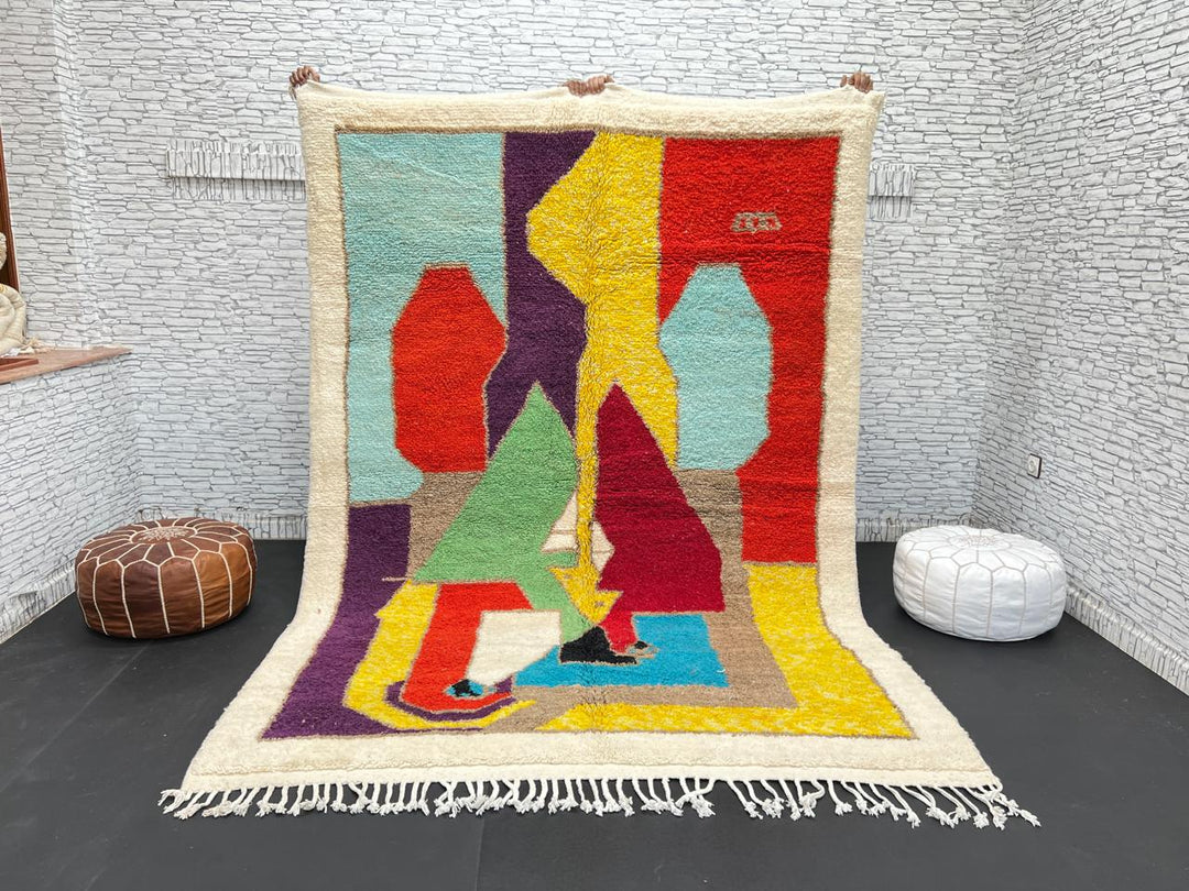 Colorful handmade Moroccan wool rug with abstract geometric design