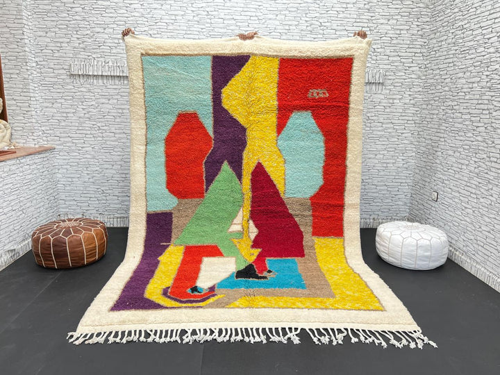 Colorful handmade Moroccan wool rug with abstract geometric design