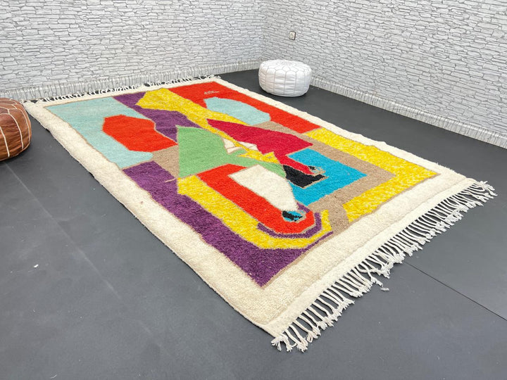 Colorful handmade Moroccan wool rug with abstract geometric design