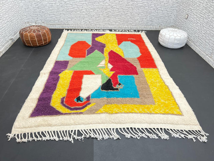 Colorful handmade Moroccan wool rug with abstract geometric design