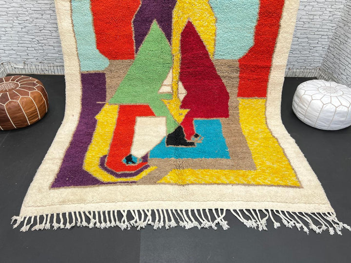 Colorful handmade Moroccan wool rug with abstract geometric design