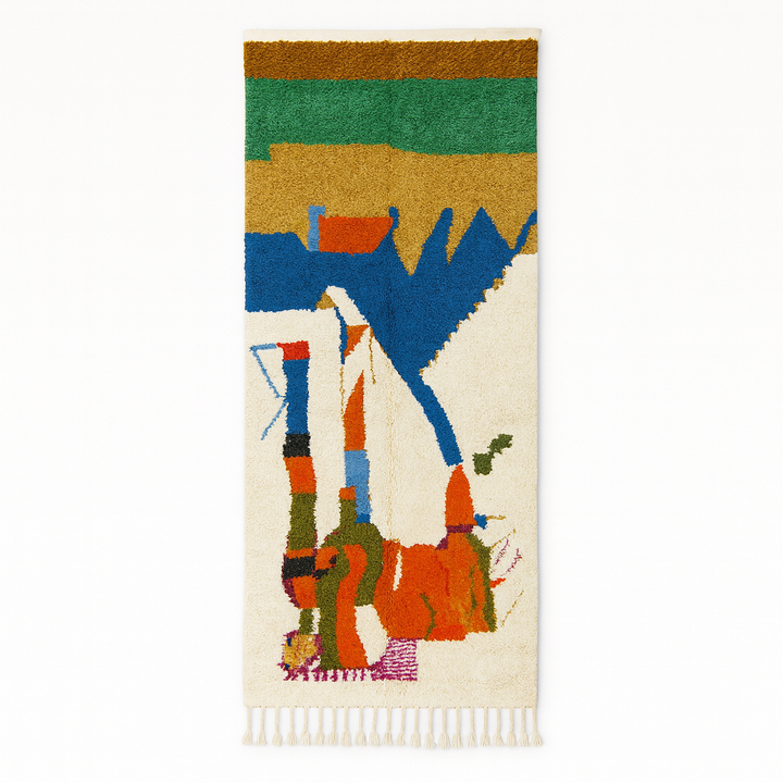 Handmade colorful abstract Moroccan wool runner rug with blue, orange, green, mustard, and cream geometric shapes.