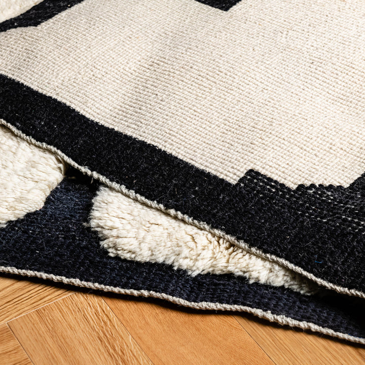Abstract Cream and Black Wool Moroccan Rug – Modern Handmade Art
