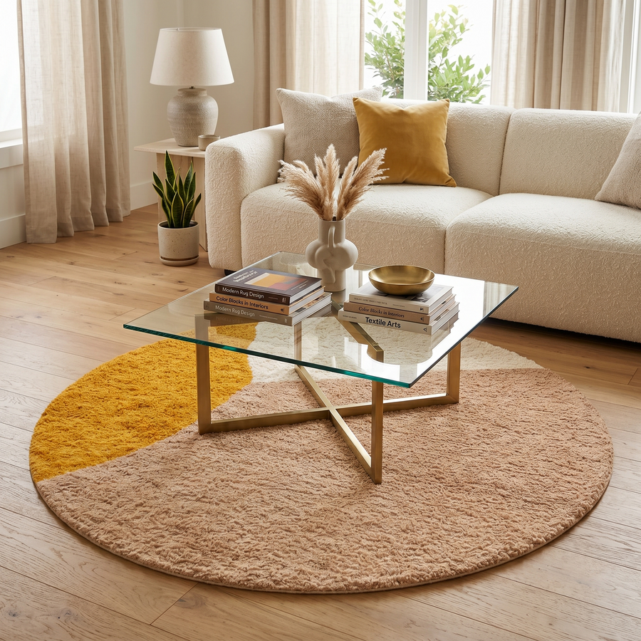 Abstract earth tone round Moroccan wool rug with mustard, ivory, and clay color-block design, handmade plush Berber shag area rug