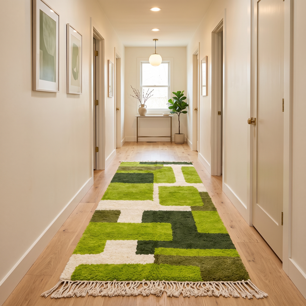 Green abstract Moroccan runner rug with geometric color block design, handmade from wool by Berber artisans.