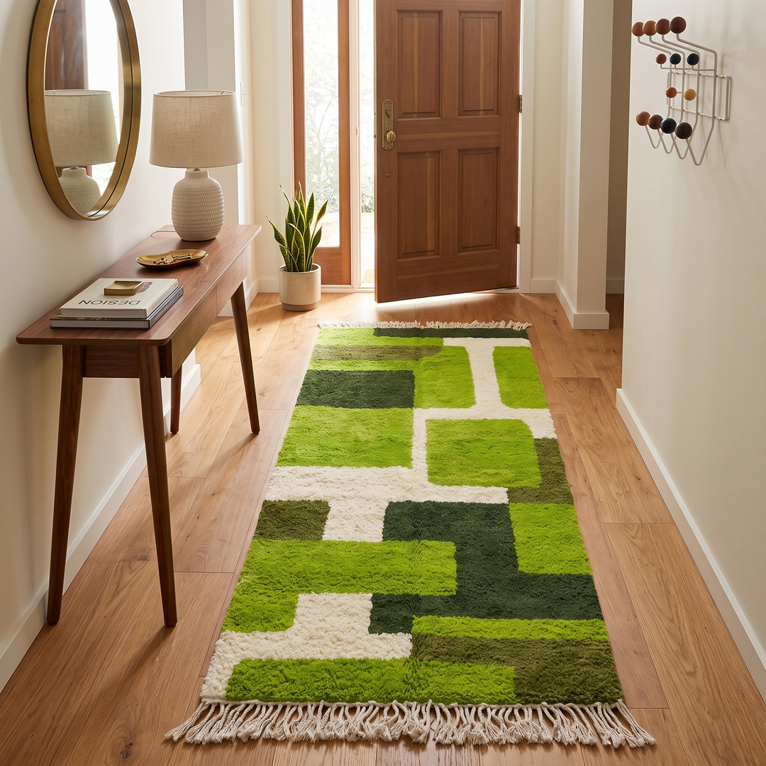Green abstract Moroccan runner rug with geometric color block design, handmade from wool by Berber artisans.