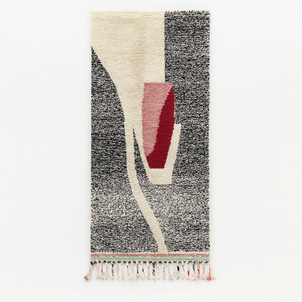 Handmade blue checkered Moroccan wool runner rug with modern geometric pattern