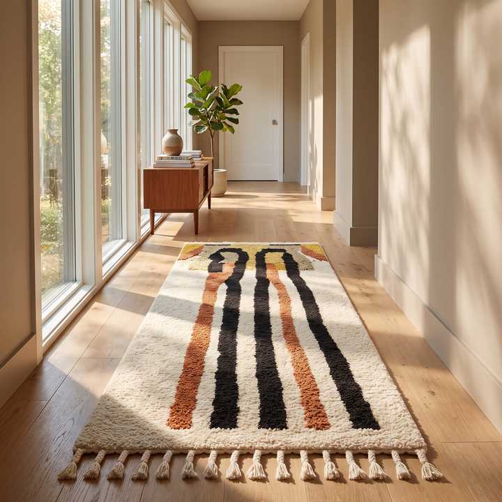 Handmade abstract Moroccan runner rug with black and burnt orange vertical stripes on a white wool base.