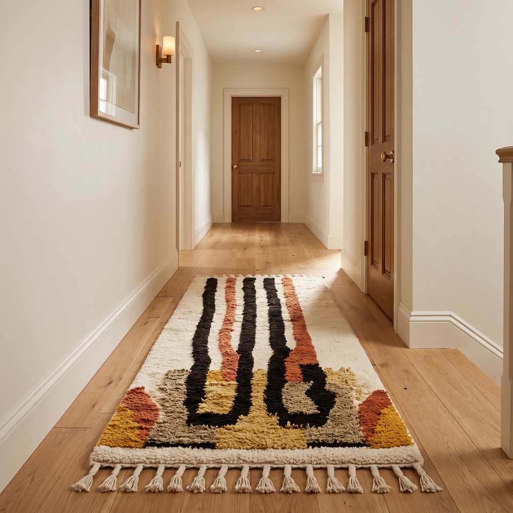 Handmade abstract Moroccan runner rug with black and burnt orange vertical stripes on a white wool base.