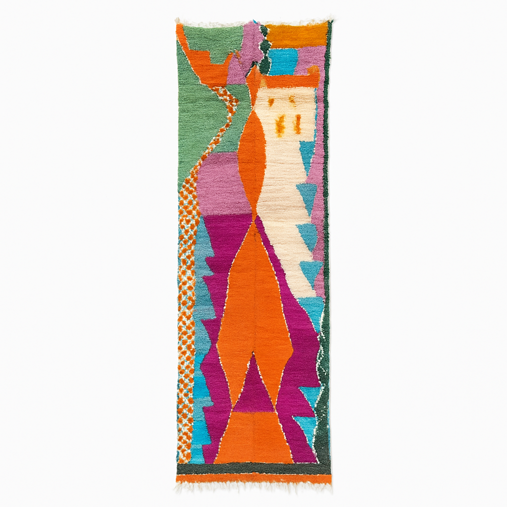Abstract Moroccan runner rug with vibrant orange, purple, green and turquoise geometric patterns, handmade Berber wool carpet