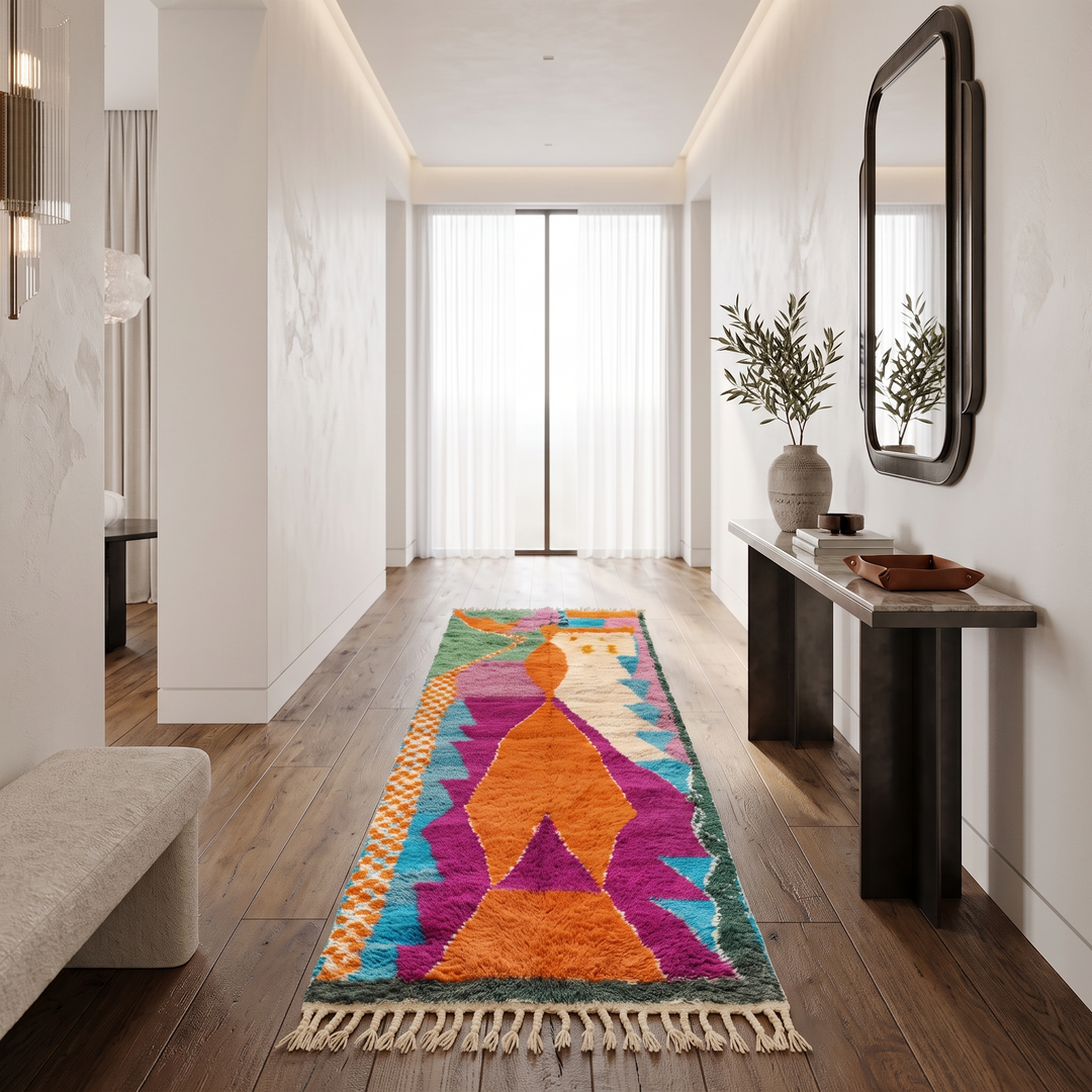 Abstract Moroccan runner rug with vibrant orange, purple, green and turquoise geometric patterns, handmade Berber wool carpet