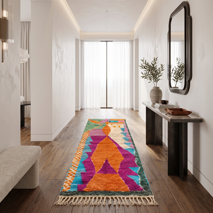 Abstract Moroccan runner rug with vibrant orange, purple, green and turquoise geometric patterns, handmade Berber wool carpet