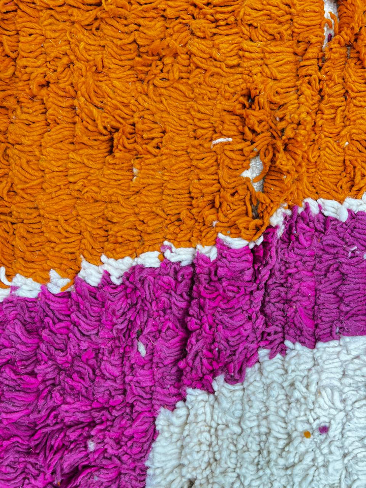 Abstract Moroccan runner rug with vibrant orange, purple, green and turquoise geometric patterns, handmade Berber wool carpet