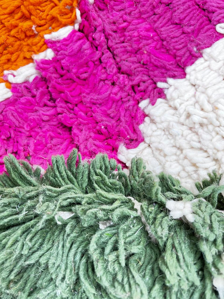 Abstract Moroccan runner rug with vibrant orange, purple, green and turquoise geometric patterns, handmade Berber wool carpet