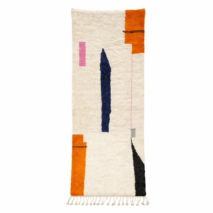 Abstract handmade Moroccan runner rug in white wool with navy blue and orange geometric shapes