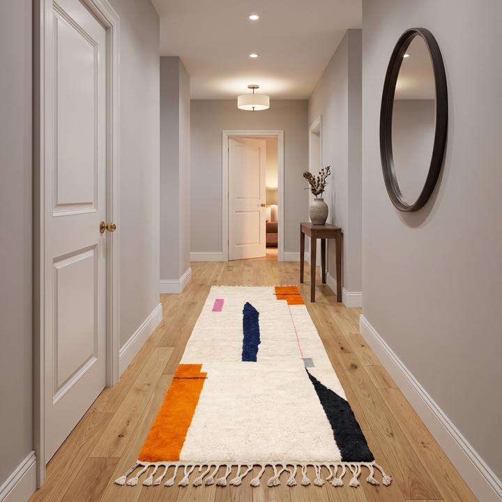 Abstract handmade Moroccan runner rug in white wool with navy blue and orange geometric shapes