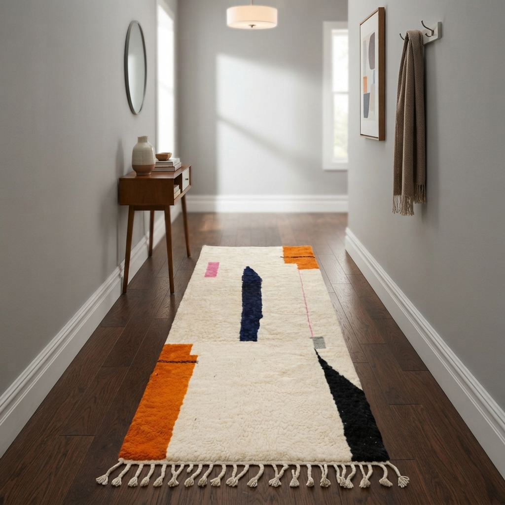Abstract handmade Moroccan runner rug in white wool with navy blue and orange geometric shapes