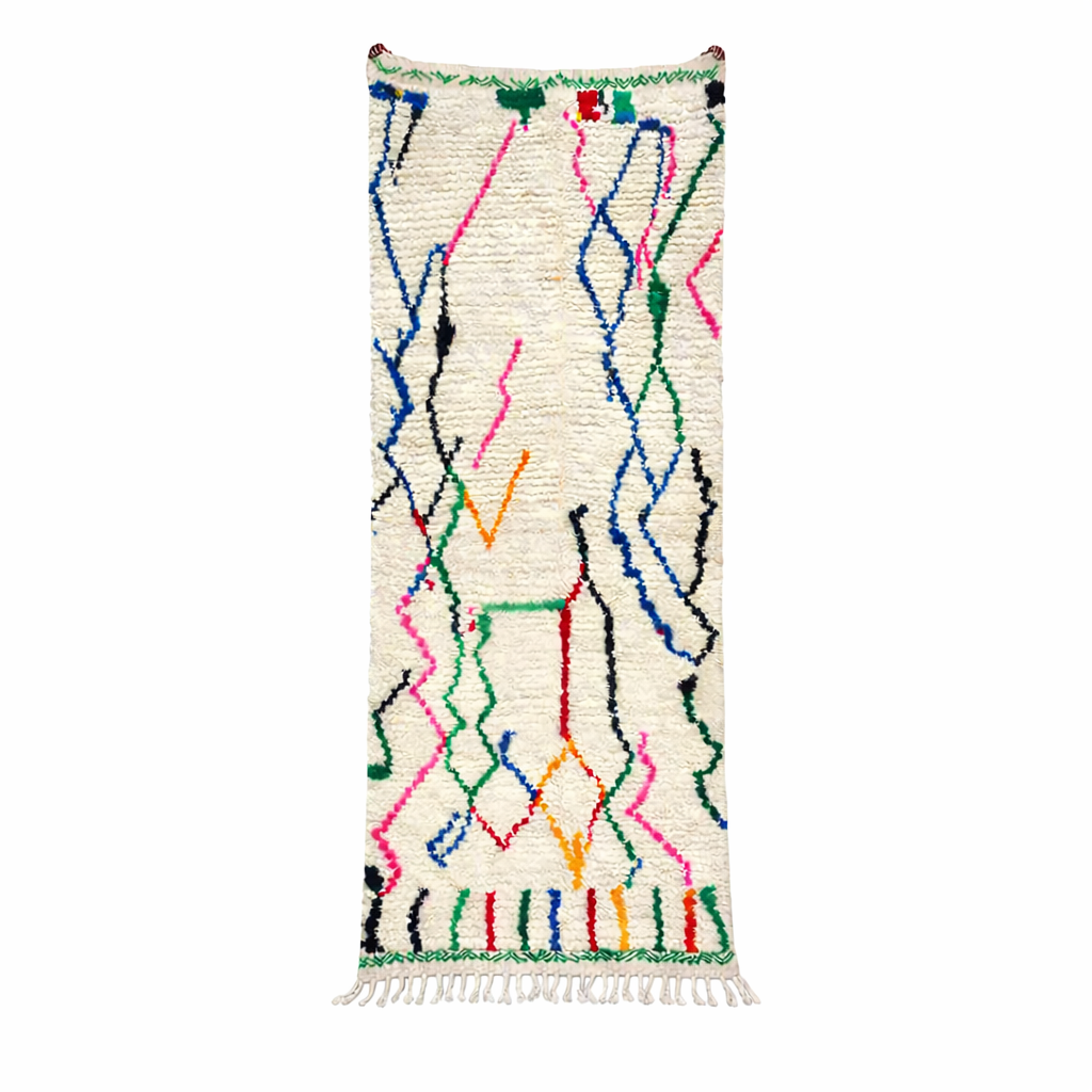 Handwoven abstract Moroccan wool runner rug with multicolor Berber lines on ivory background