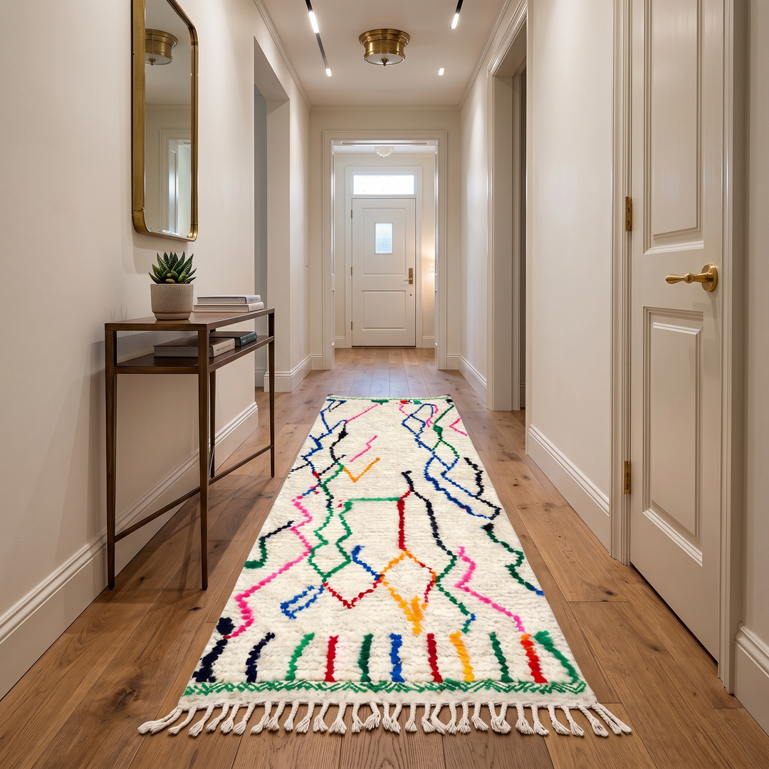 Handwoven abstract Moroccan wool runner rug with multicolor Berber lines on ivory background