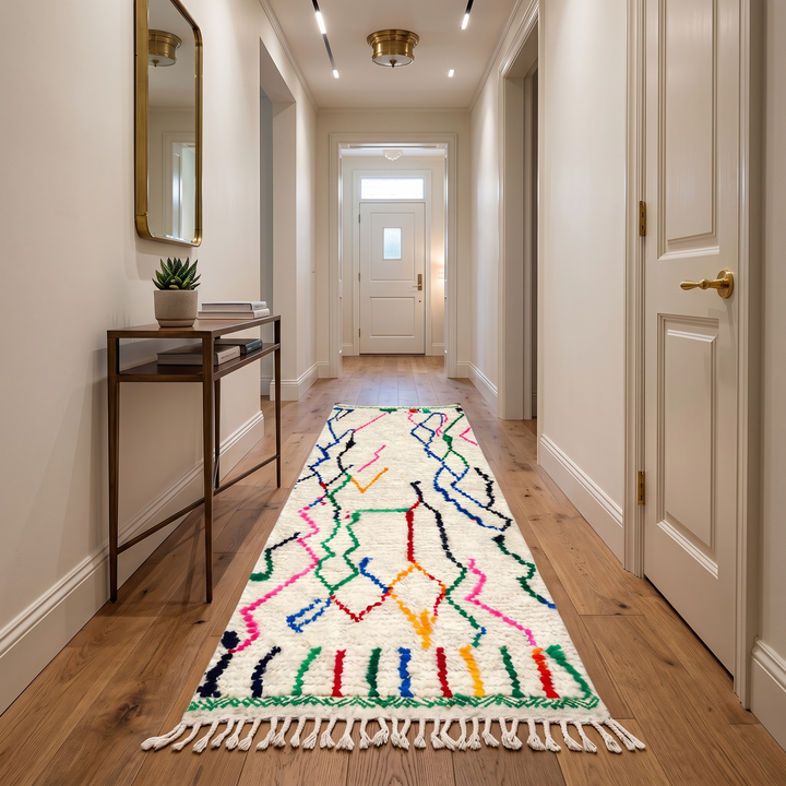 Handwoven abstract Moroccan wool runner rug with multicolor Berber lines on ivory background