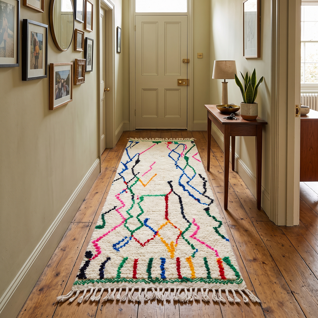 Handwoven abstract Moroccan wool runner rug with multicolor Berber lines on ivory background