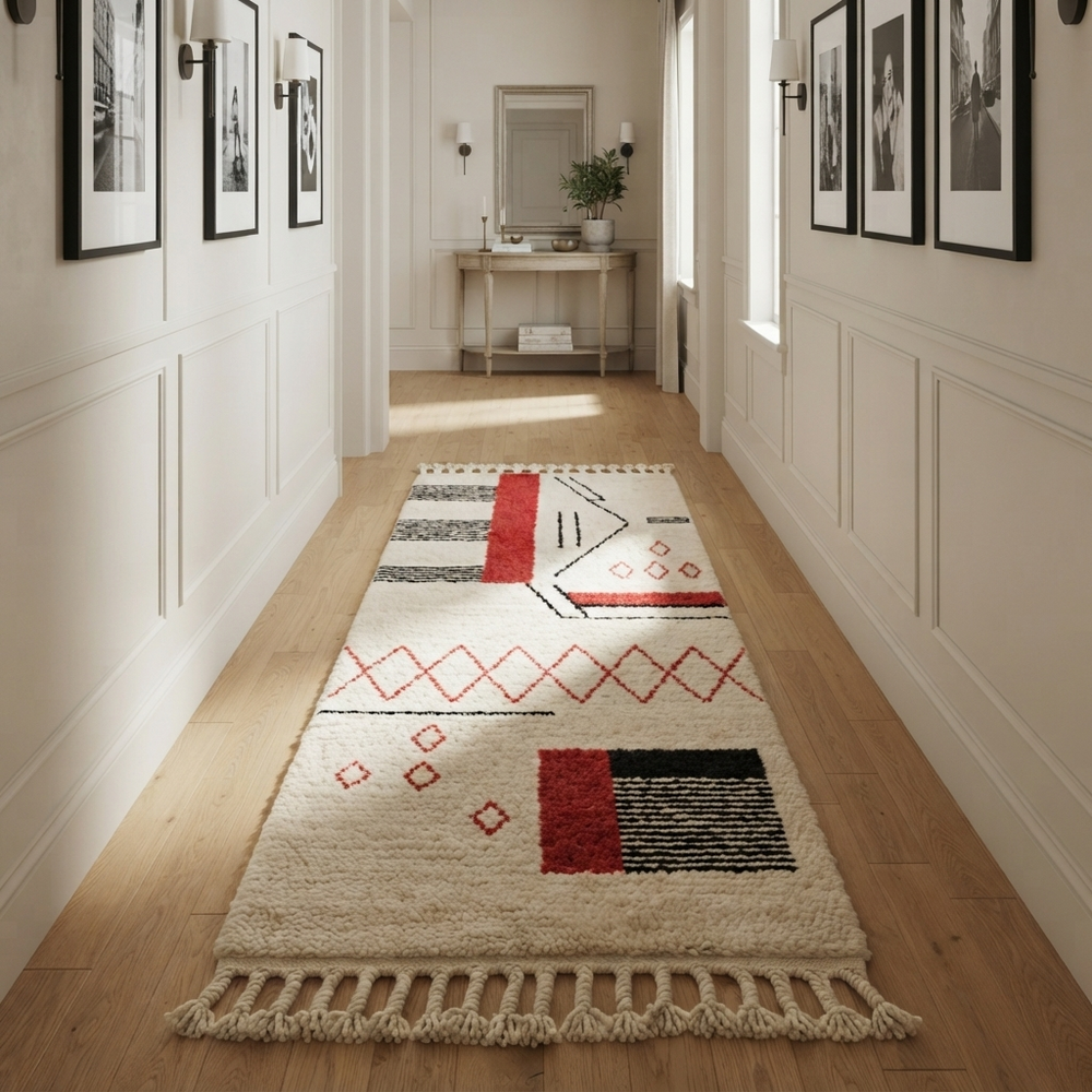 Handmade white Moroccan runner rug with red and black abstract geometric patterns in natural wool.