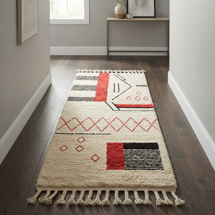 Handmade white Moroccan runner rug with red and black abstract geometric patterns in natural wool.