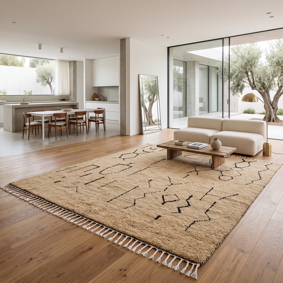 Handmade beige Moroccan wool rug with black abstract Berber symbols and white tassels
