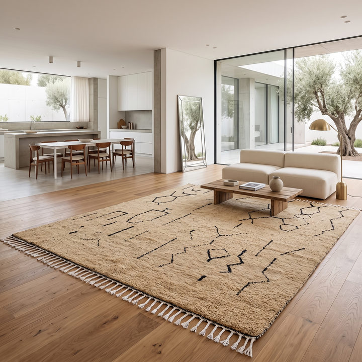 Handmade beige Moroccan wool rug with black abstract Berber symbols and white tassels
