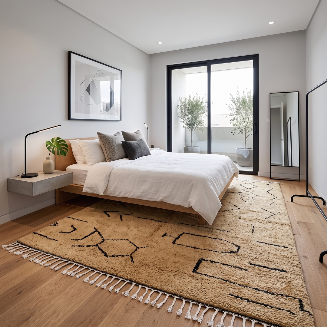 Handmade beige Moroccan wool rug with black abstract Berber symbols and white tassels
