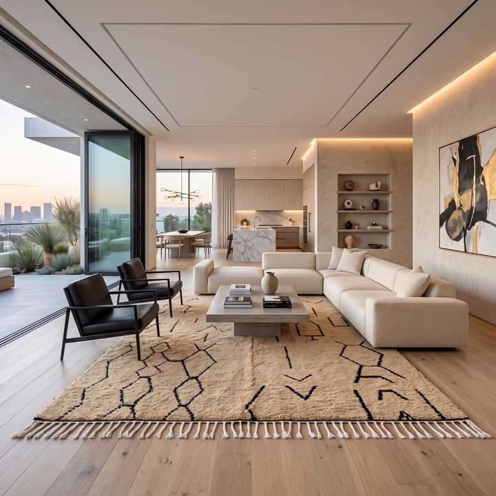 Handmade beige Moroccan wool rug with black abstract Berber symbols and white tassels
