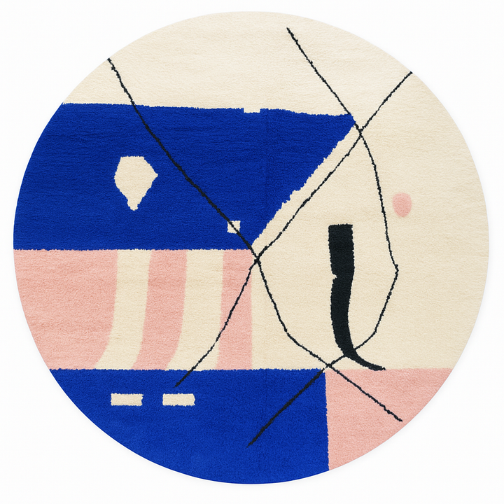 Round Moroccan wool rug with abstract blue, pink, white shapes and black line details.