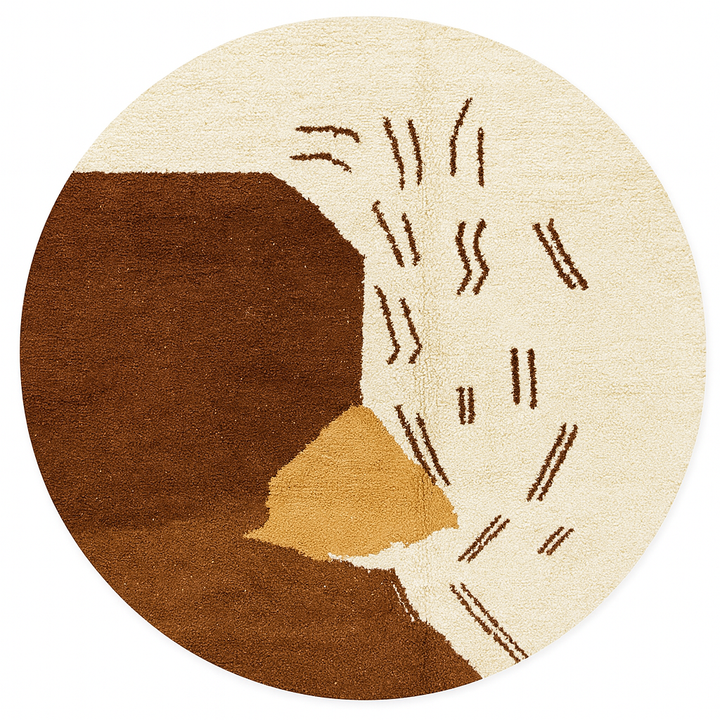 Round Moroccan abstract rug with brown, beige, and cream geometric shapes and artistic line details.