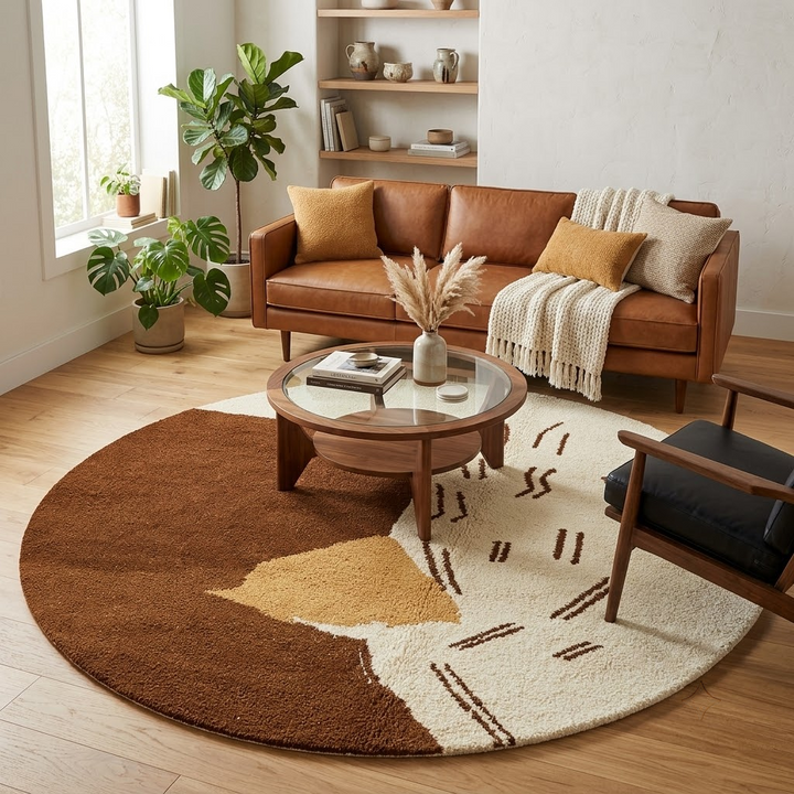 Round Moroccan abstract rug with brown, beige, and cream geometric shapes and artistic line details.